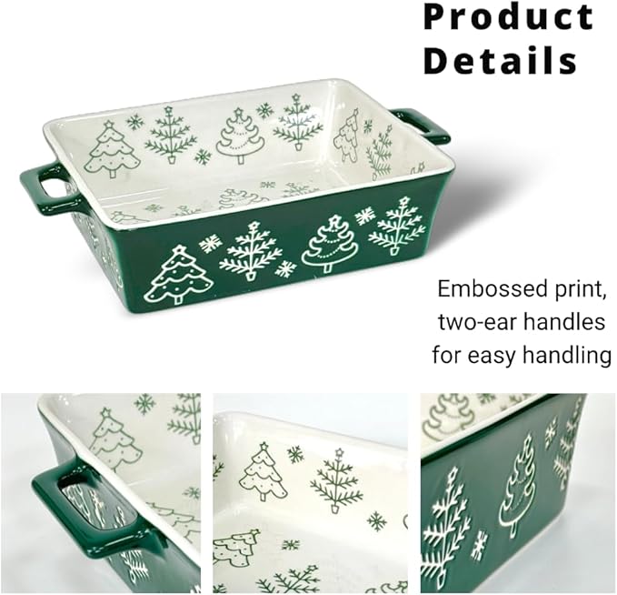 Domini Casserole Dishes for Oven, Ceramic Baking Dishes for Oven Set of 2, Lasagna Pan Deep, Baking Pan Set Square Casserole Dish Set with Handles for Baking, Pattern Green(11.4+8.5inch) Christmas