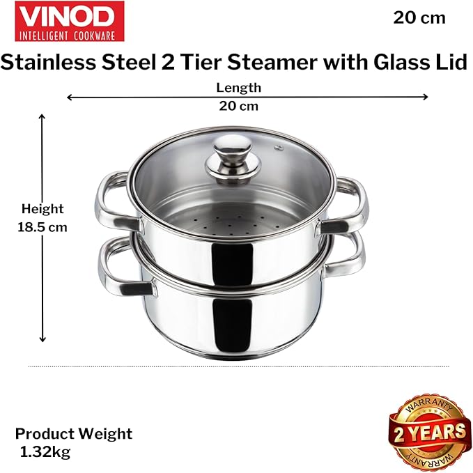 Vinod Stainless Steel 2-Tier Steamer with Glass Lid and Riveted Handles Ideal for Momo, Modak and More Induction and Gas Compatible 7.8 in 2-Year Silver