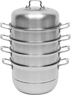 5-Tier Stainless Steel Steamer, 12.8 Inch Commercial Multi Tier Stainless Steel Cookware Pot Vegetable Meat Steamer Cooker Set w/Glass Lid for Steaming Shrimp & Miscellaneous Grains