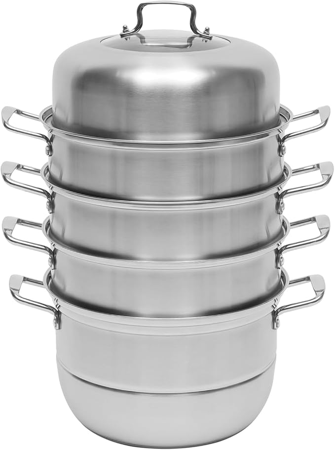 5-Tier Stainless Steel Steamer, 12.8 Inch Commercial Multi Tier Stainless Steel Cookware Pot Vegetable Meat Steamer Cooker Set w/Glass Lid for Steaming Shrimp & Miscellaneous Grains