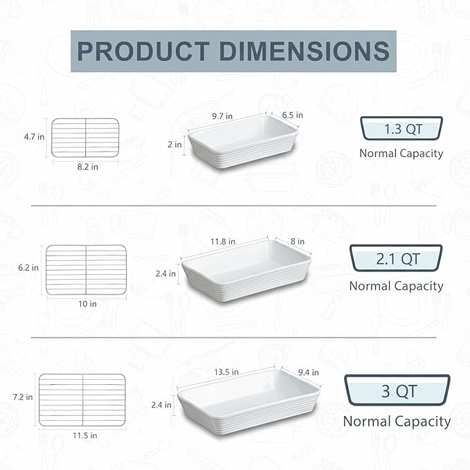ONEMORE Baking Dishes for Oven, 9x13 Large Casserole Dishes for Oven with Roasting Racks, Rectangular Ceramic Baking Dish Set of 3 for Cooking & Serving, Deep Dish Lasagna Pan (3QT/2.1QT/1.3QT)