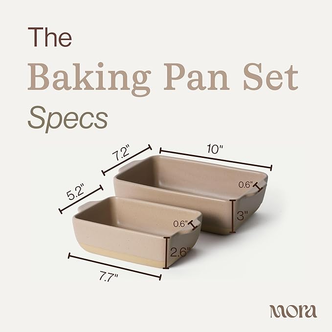 Mora Ceramic Set of 2 Baking Dishes For Casserole, Banana Bread, Brownies, Broiling, Roasting, and Baking. 7x11 in and Loaf Pans - Porcelain Serving Bakeware from Oven to Table. Freezer Safe - Mushroom