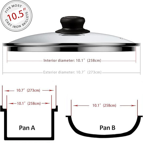 10.5 Inch Glass Lid for Frying Pan, Fry Pan, Skillet, Pan Lid, Fits Pot, Cast Iron Skillets 10.5", Clear