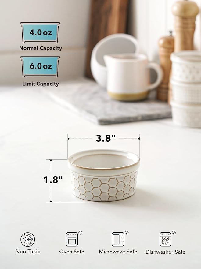 LE TAUCI Ramekins 4 oz Oven Safe for Creme Brulee, Charcuterie Boards Bowls for Souffle, Small Sauce Bowl, Ceramic Baking Dishes - 3.8 inch, Set of 4, Arctic White