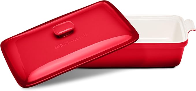 ROSSALLINI Stoneware Casserole Dish Bakeware Set with Lid, Covered Rectangular Dinnerware, Large 3.2 Quart, 11 by 9 Inch [Deep Red]