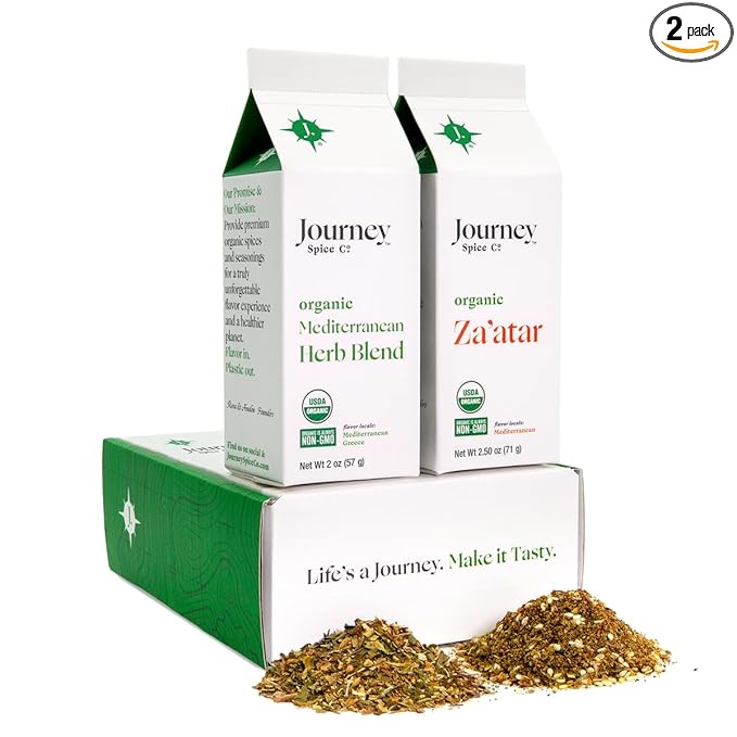 Gourmet Organic Mediterranean Herb Blend & Organic Za'atar Gift Set by Journey Spice Co. | Salt-Free | Greek, Mediterranean, Middle Eastern Seasoning | 4.5 oz. (total) | Resealable/Reusable Cap