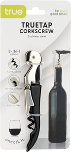 True Truetap Double Hinged Waiter's Corkscrew Wine Opener, Stainless Steel Wine Bottle Opener with Built In Foil Cutter, Home Bar Tools, Bar Cart Accessories, Wedding Gifts, Set of 1, Black