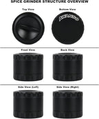 2.5" Grinder [Aluminum] 3-Piece 4-Parts Grinder for Kitchen Spice with Top Storage, Anti-jamming Teeth & Large Bottom Chamber