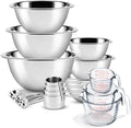 Eatex Mixing Bowls with Measuring Cups & Measuring Spoons 17 Piece Set - Nesting Stainless Steel Mixing Bowls Set for Kitchen, Measuring Spoons & Glass Liquid Measuring Cups, Dishwasher Safe Meal Prep