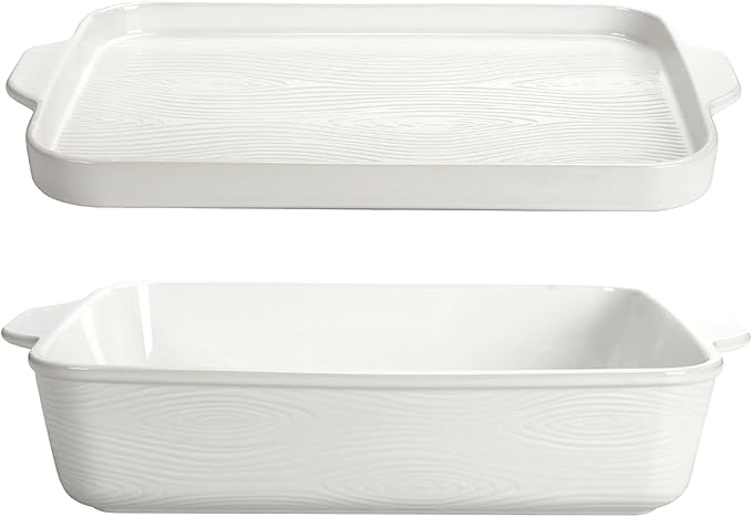 Temp-tations by Tara Baking Pans Set - 9x13" Set of 2 Woodland White Bakeware Sets with Casserole Dish for Oven and Serving Dish for Lasagna, Pies, Meatloaf, Hand-Painted Ceramic Casserole Oven Pan