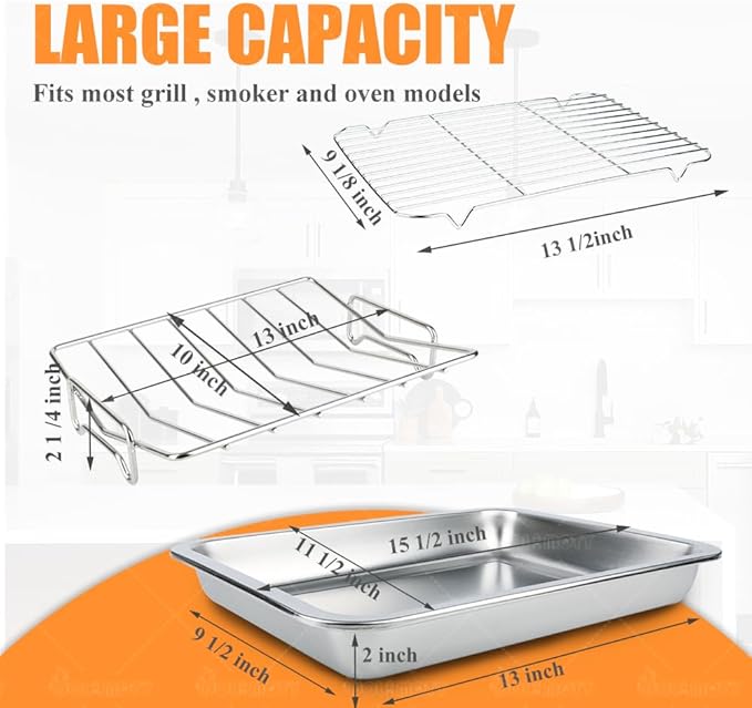 Stainless Steel Turkey Baking Roaster Pan Roasting Pan with V Rack, for Smoking and Grilling Chicken, Bird, and Pork Cooking Rack with 15.5*11.6*2 inch Roasting Pan for Smokers, Grill and Oven