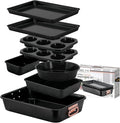 Stackable Nonstick Bakeware Set, 8 Piece Baking Pan Set, Oven Safe Carbon Steel, Includes Cookie Sheet, Muffin Pan, Loaf Pan & Roaster