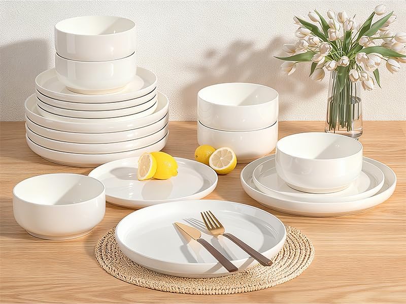 Umite Chef 12 Piece Ceramic Dinnerware Set for 4 – Cream White Plates & Bowls