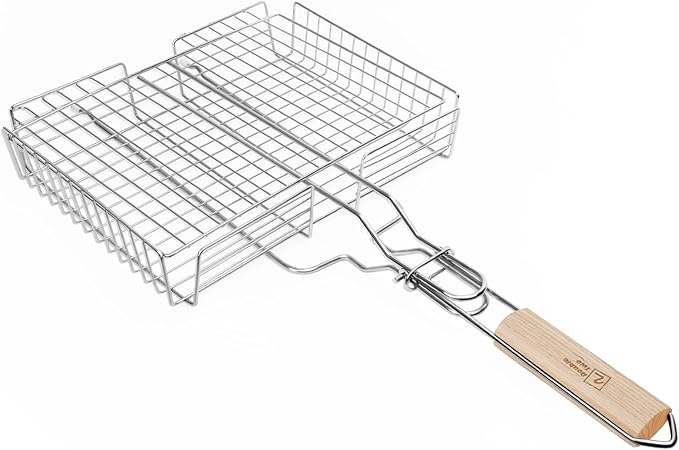 DOUBLE TWO - Stainless Steel Grill Basket, Grilling Baskets for Outdoor Grill, for Meat, Fish, Vegetable, BBQ Accessory, With Height Adjustable Cover & Detachable Handle, Easy to use, 1Pcs