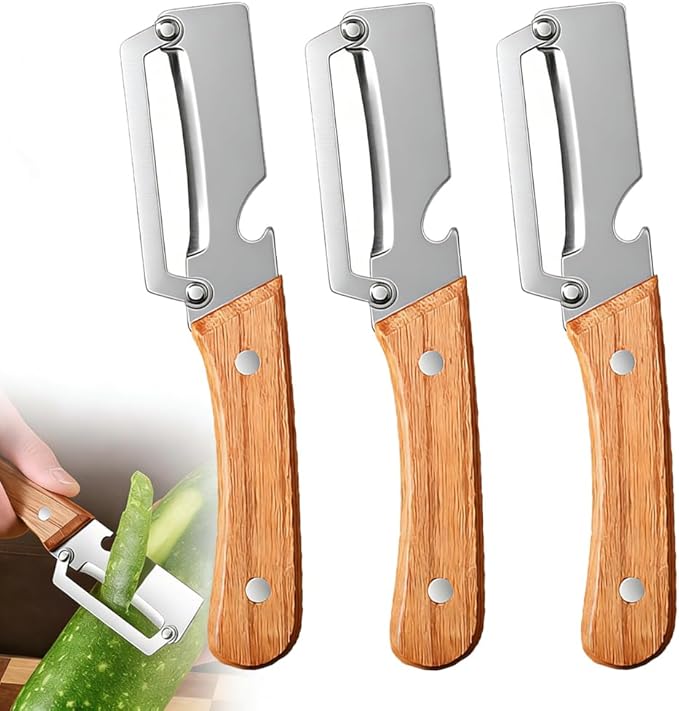 Multi-Functional Vegetable Peeler, Stainless Steel Blade with Wooden Handle for Fruits and Vegetables (3 Pcs)