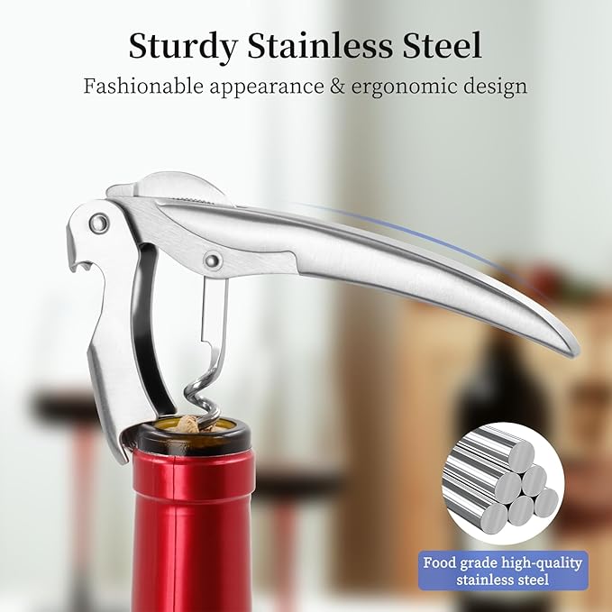 Sleek Waiter’s Corkscrew by ELMWAY - Stainless Steel Manual Wine Opener with Foil Cutter & Beer Bottle Opener, Durable Wine Key with Genuine Leather Case & Gift Box for Wine Lover