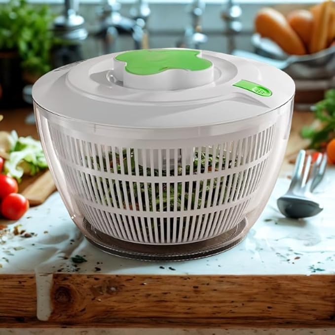 BREZINA Salad Spinner 6.3 QT with Easy Push Handle & Brake – Large Lettuce Dryer & Vegetable Washer, One-Handed Operation, BPA-Free Bowl & Colander for Salad, Fruits & Herbs – White