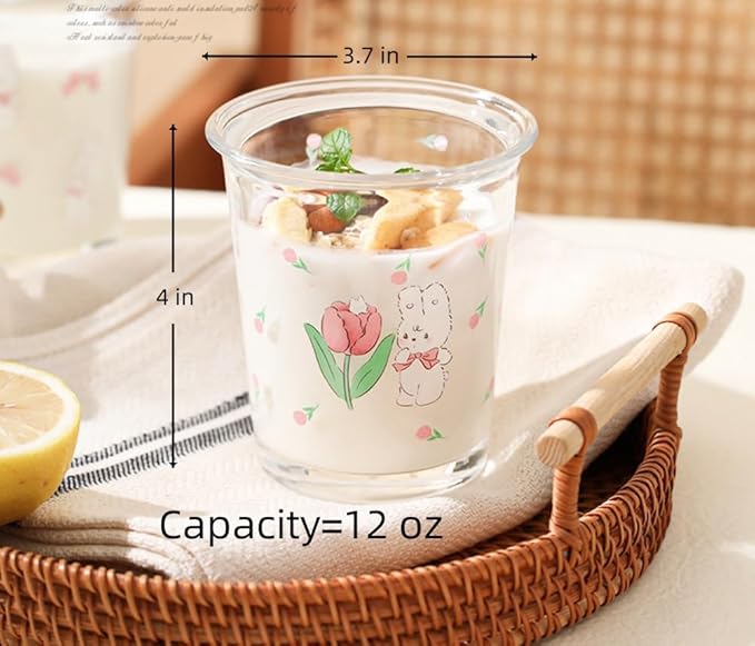 Ivymei Set of 2 12 OZ Floral Drinking Glasses Crystal Glass Flower Coffee Cups Cute Rabbit Glass Cups for Juice, Iced Tea, Coffee, Latte, Milk, Dessert, Stackable Glassware Drinkware Set (Purple)