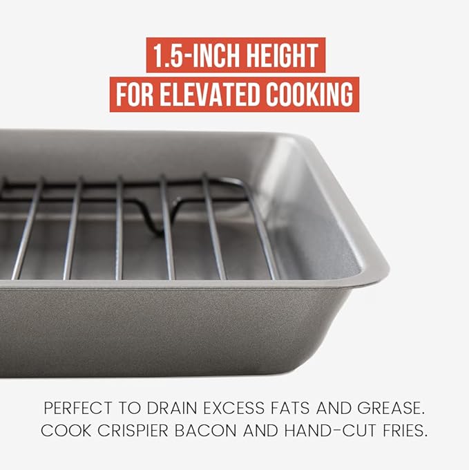 Chef Pomodoro Nonstick Carbon Steel Small Roasting Pan with Rack, Roasting Pan for Countertop Oven Baking, Single Serving, Grey (Mini)