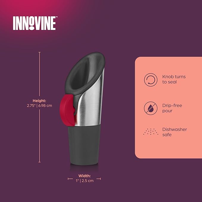 Innovine Wine Pourer and Stopper, Drip-Free Stainless Steel and Silicone Construction, Perfect for White and Red Wines, Home Bar Accessories, Kitchen Essentials, Set of 1, Raspberry