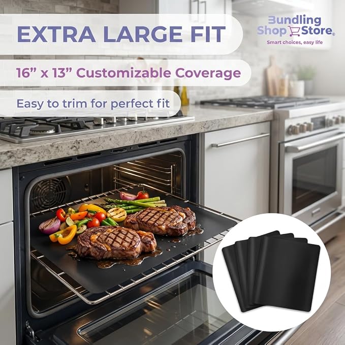 4-Pack Oven Liners (16" x 13") – Heavy Duty 0.4mm PFOA-Free PTFE Non-Stick Sheets for Gas & Electric Ovens, Baking & Grilling – Includes 1 Bonus Nano Rust Eraser Sponge