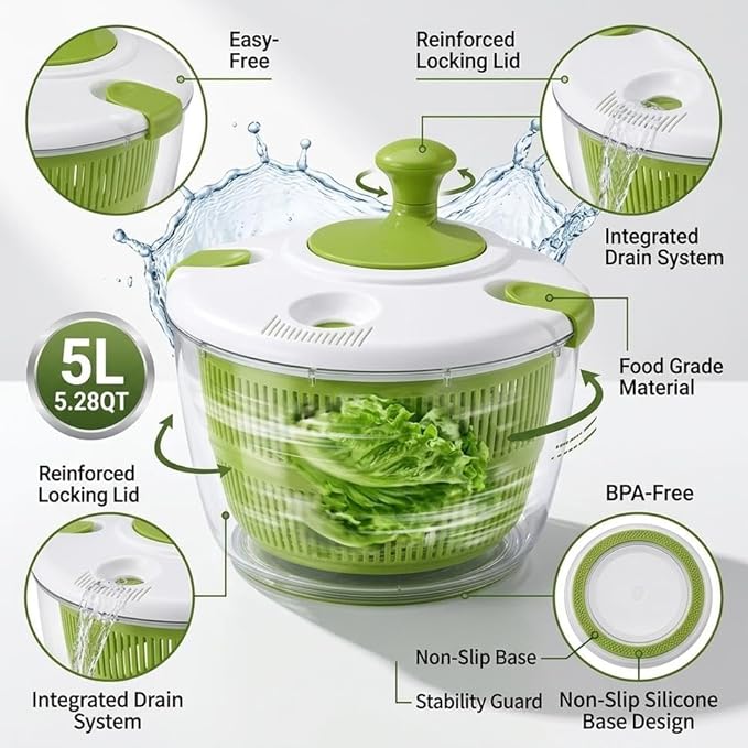 Salad Spinner-Lettuce Spinner | Best Fruit Washer With Fruit Washer Spinner Bowl, Easy-Spin Handle, 5QT