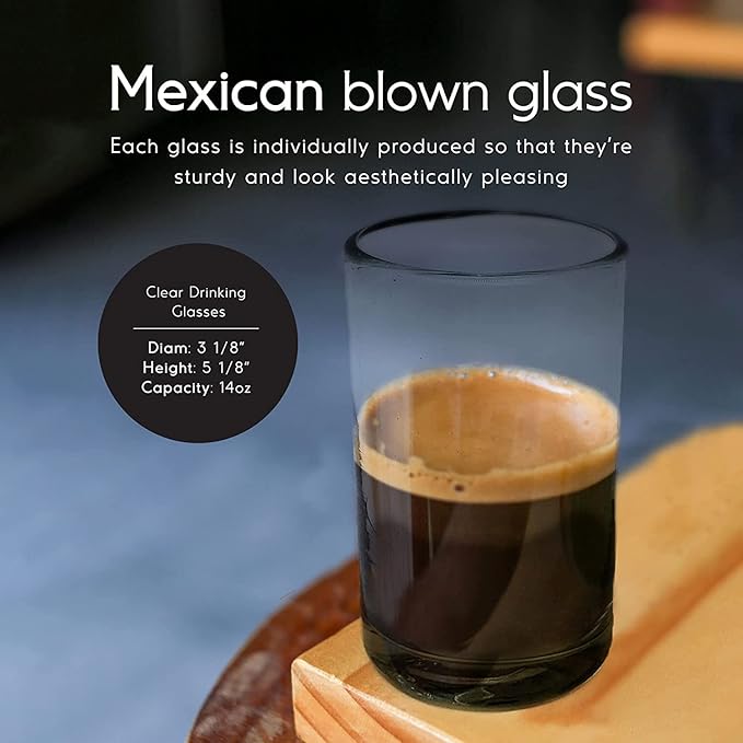 Clear 14 oz Drinking Glasses (Set of 6) - Hand Blown Mexican Glassware Recycled Glass Drinking Glasses for Water, Juice, Margarita, Cocktails & Whiskey, Lead-Free Toxin Free