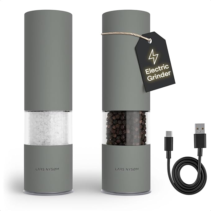 LARS NYSØM Electric Salt and Pepper Grinder Set I Automatic Salt and Pepper Mills with Adjustable Ceramic Grinder I USB Rechargeable Electric Spice Mill Set with LED Light (Ash Gray)
