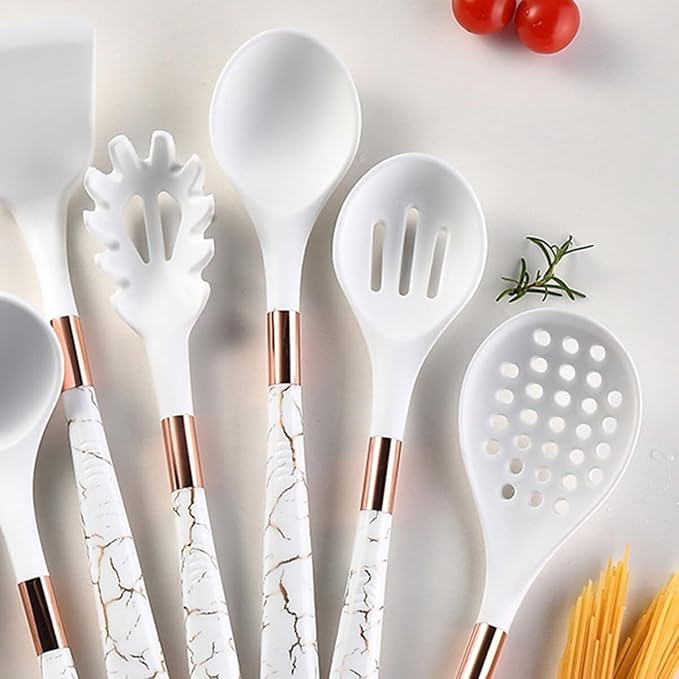 Kitchen Utensils Set,Cooking Utensils Set,Kitchen Utensils Set with Stand, 7pcs Silicone Cooking Utensils, Nonstick Pasta Spoons Skimmer Spatula Baking Kitchen Tools Gadgets(White)