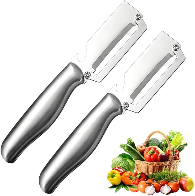 Multi-Functional Vegetable Peeler for Kitchen, 2026 New Vegetable Peeler with Wooden Handle and Bottle Opener, 2 in 1 Stainless Steel Kitchen Tool for Fruit Apple Potato Pumpkin Slicer (sliver, 2PCS)