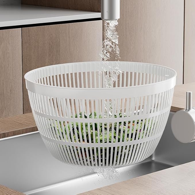 BREZINA Salad Spinner 6.3 QT with Easy Push Handle & Brake – Large Lettuce Dryer & Vegetable Washer, One-Handed Operation, BPA-Free Bowl & Colander for Salad, Fruits & Herbs – White
