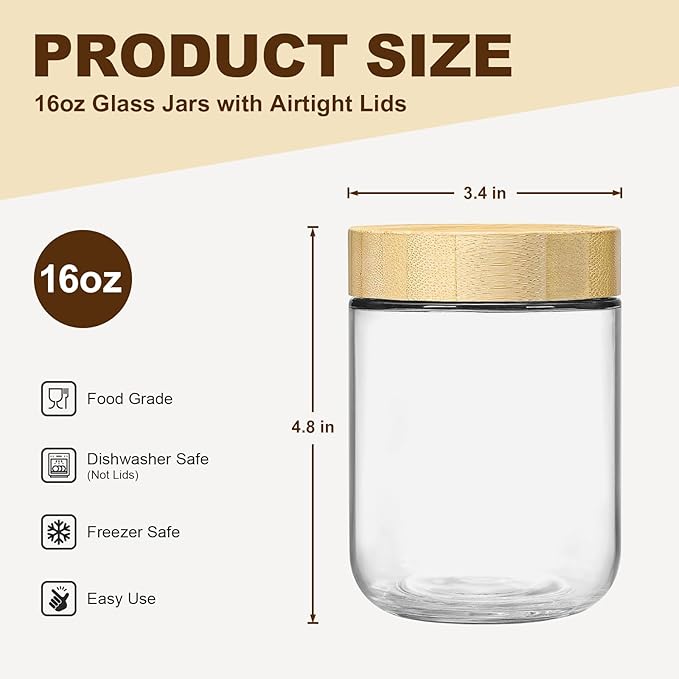 4 Pack 16oz Glass Jars with Bamboo Lids, Overnight Oats Containers with Airtight Lids, Storage Containers Wide Mouth Mason jars for Salad,Yogurt, Sugar, Snacks, Spices