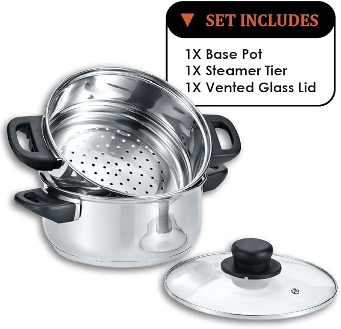 CONCORD 3 Quart Stainless Steel 3 Piece Steamer Cookware Set. Features 2 Quart Veggie Steamer and 3 Quart Cooking Pot with tempered glass lid. (INDUCTION COMPATIBLE)