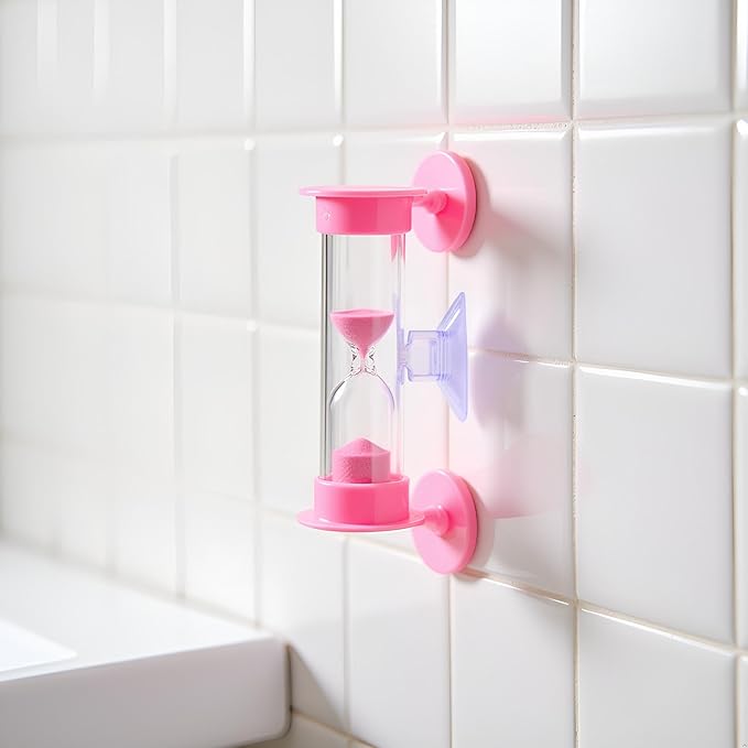 2Pcs Pink 2 Minute Plastic Sand Timer Hourglass Sand Clock with Suction Cup Time Funnel Shower Timer Tooth Brushing Time Reminder Timers Thermometers Kitchen and Dining