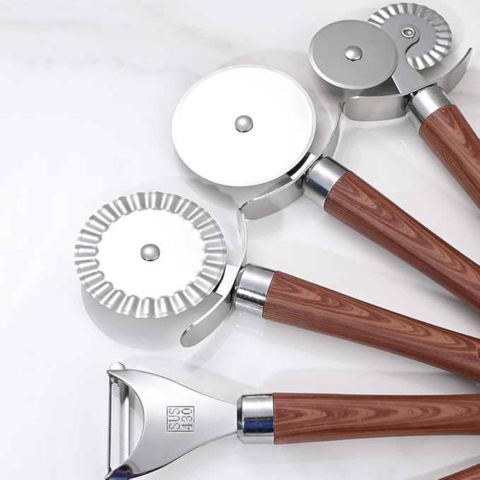 7-Piece Kitchen Tools and Gadgets Set with Wood Imitation Handle BRIIEC Stainless Steel Cooking Utensils Kitchen Accessories Includes Can Opener Garlic Press Peeler