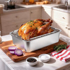 Turkey Roaster Roasting V Rack,15.6*11.6*4 inch Stainless Steel Roasting Pan with 2 Rack(Flat Rack and Rib Rack) for Smoker Smoking/Dual Purpose for Large Big Green Egg and Kamado Joe Etc