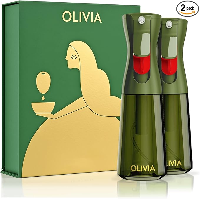 FLAIROSOL OLIVIA SIGNATURE Advanced Kitchen Oil Sprayer Technology, Fine Mist & Portion Control, Refillable Glass Olive Oil Cooking Spray Bottle for Air Fryer, Salad, BBQ, 2 Pack 200ml (Green)
