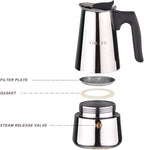 YOLIFE Stovetop Espresso Maker, Small Italian Moka Pot, Cafe Maker for Coffee, Cappuccino and Latte, Stainless Steel, 450 ml / 16 oz/ 9 Espresso Cups (per cup= 50 ml)