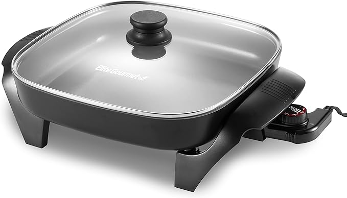 Elite Gourmet 12"x12"x2.15” Ceralast™ PFAS Free Ceramic Electric Skillet, Dishwasher Safe, Rapid Heat Up, 1200W, Dark Grey