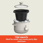 bella 1.5 Qt Slow Cooker with 3 Heat Manual Control, Ceramic Nonstick Coating, Dishwasher Safe Stoneware Pot and Tempered Glass Lid, Tangle Free Cord Wrap & Cool Touch Handles, Oatmilk