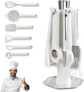 7-Piece Kitchen Gadget Set, Stainless Steel Cooking Utensils Set with Holder, 7-Pieces All Metal Kitchen Utensils, 11.4’’ Long Kitchen Tools with Countertop Rotating Stand (White)