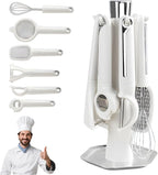 7-Piece Kitchen Gadget Set, Stainless Steel Cooking Utensils Set with Holder, 7-Pieces All Metal Kitchen Utensils, 11.4’’ Long Kitchen Tools with Countertop Rotating Stand (White)