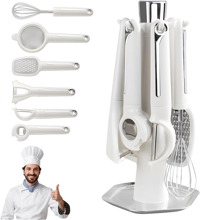 7-Piece Kitchen Gadget Set, Stainless Steel Cooking Utensils Set with Holder, 7-Pieces All Metal Kitchen Utensils, 11.4’’ Long Kitchen Tools with Countertop Rotating Stand (White)