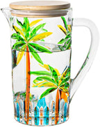 Tropical Summer Glass Jug Caribbean Mix Rum Punch Coconut Tree Pool Party Colorful Design Tiki Bar Engraved Jugs To Pour Into Drinking Glasses Margarita Mojito Martini Whiskey Sour Beach Water Palm