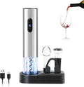 Electric Wine Opener Set by ELMWAY - Rechargeable Corkscrew Bottle Opener with Base/Wine Aerator Pourer/Foil Cutter/Wine Stopper/LED Light/Stainless Steel Shell, Gift for Wine Lover - Silver
