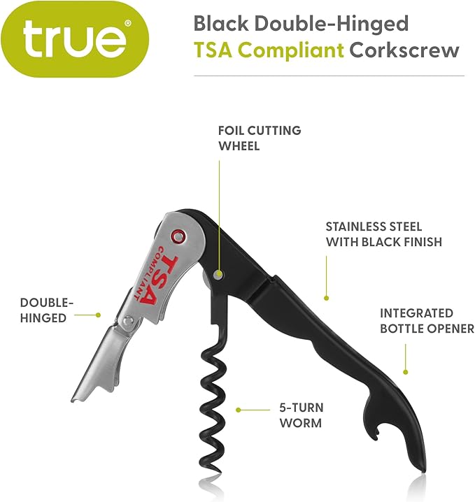 True Jetsetter TSA Compliant Double Hinged Waiters Corkscrew Wine Opener, Durable Stainless Steel with Built-in Bottle Opener and Foil Cutter for Travel, Outdoor Adventures, Home Bar, Set of 1, Black
