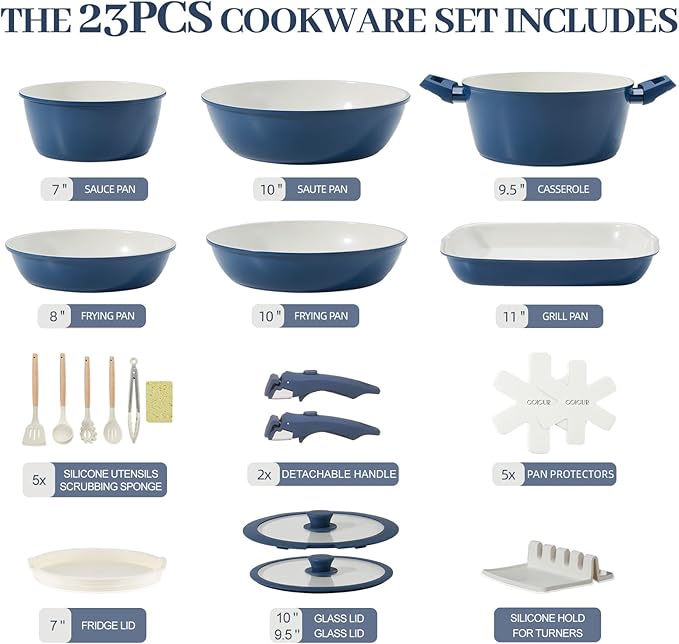 23Pcs Ceramic Cookware Set Non Stick Pots and Pans Set Non Toxic with Detachable Handle Induction Kitchen Cookware Set Space Saving, Oven & Dishwasher Safe, Navy
