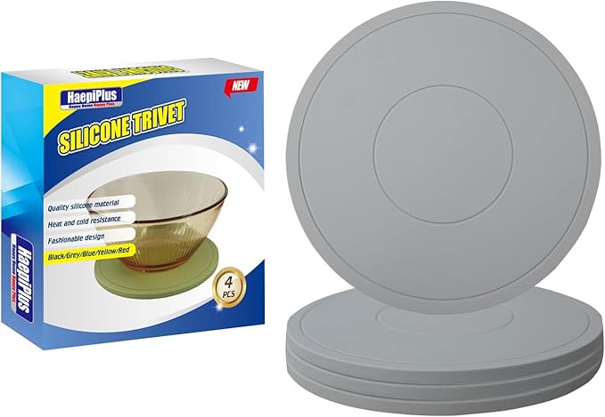 4 Pieces Silicone Trivet Mats, Pot Holders, Kitchen Tools, Heat Resistant Non-Slip Pads for Dishes, Bowls, Jar Opener, Easy to Wash and Dry Pan Cushions (Grey)