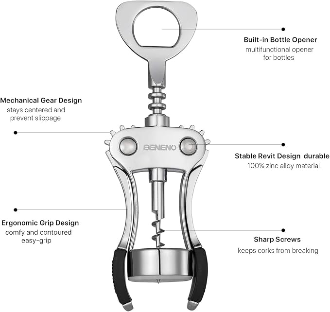 Beneno Wine Opener with Silicone Leak Proof Wine Vacuum Stopper, Zinc Alloy Premium Wing Corkscrew with Multifunctional Bottles Opener, Matte Black