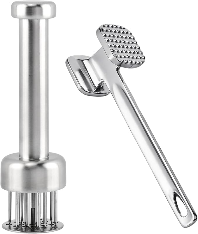 2 Pcs Stainless Steel Meat Tenderizer Tools,Meat Hammer and Meat Tenderizer Needle Meats Piercing for Tenderizing Beef Turkey Chicken and Steak(COLOR:Silver)